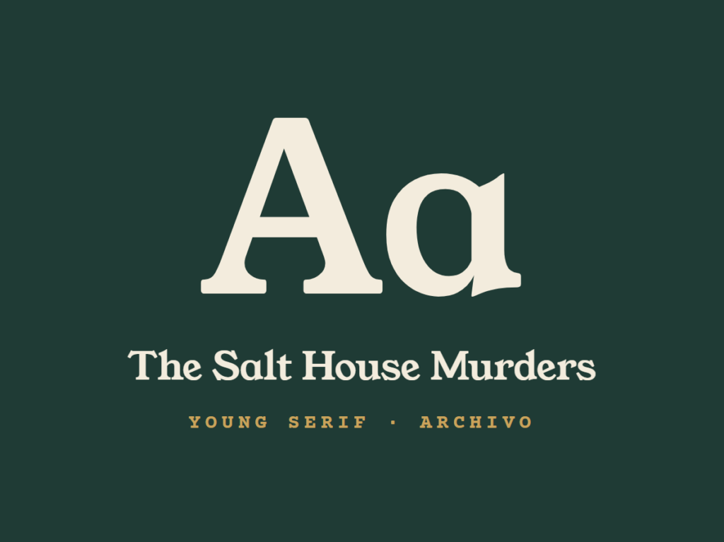 Type specimen: Young Serif and Archivo on forest green