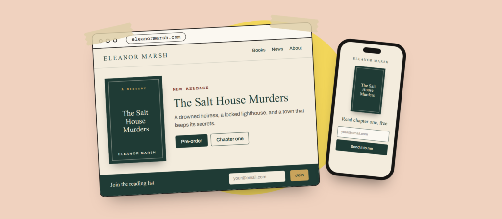Author homepage mock-up: Eleanor Marsh’s site in a browser and on a phone